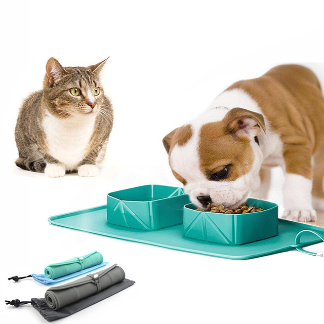 Foldable Silicone Double Pet Bowl with Storage Bag for Cats and Dogs