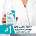 CeraVe Acne Control Cleanser held by a person in a white coat with dermatologist recommended text.