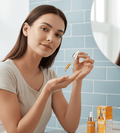 Woman applying skincare product in front of a mirror with a blue tiled wall.