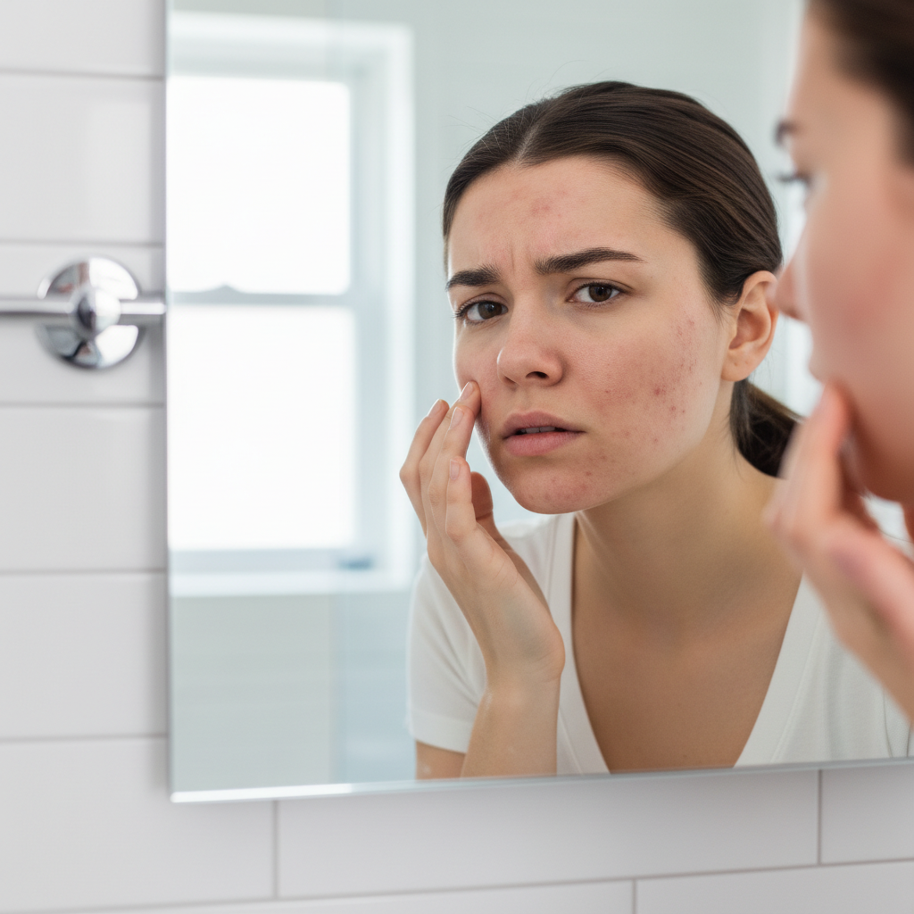 Girl with acne looking in mirror frustrated