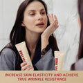 Woman holding skincare product with text about skin elasticity and wrinkle resistance.