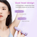 Person using a dual-headed hair removal device with text on a white background