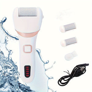 Electric skin exfoliator with attachments and charging cable on a white background