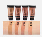 Four tubes of Miss Rose foundation with color swatches below on a white background