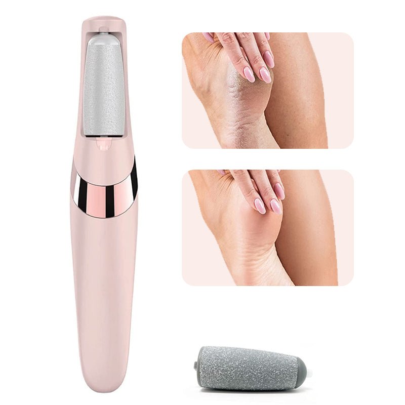 Pink foot file with close-up images of feet being filed on a white background