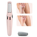Pink foot file with close-up images of feet being filed on a white background