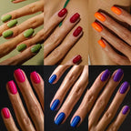Collage of hands with different colored nail polishes on a neutral background