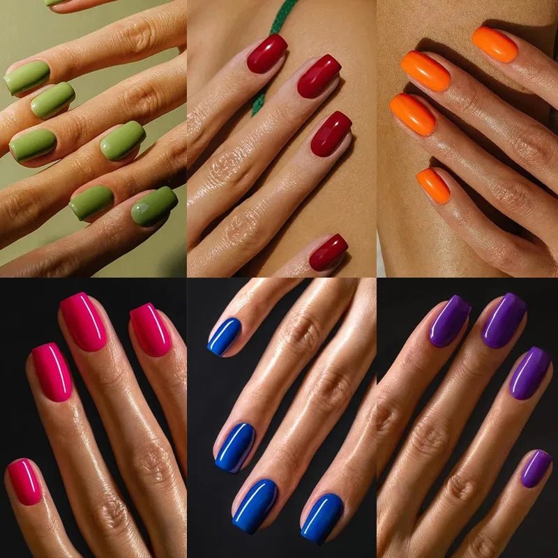 Collage of hands with different colored nail polishes on a neutral background