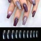 Nail art展示，包括紫色和闪亮的指甲设计，以及对应的假指甲选项。