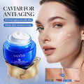 Cosmetic cream jar with a woman's face showing anti-aging effects, featuring the brand 'SADOER'.
