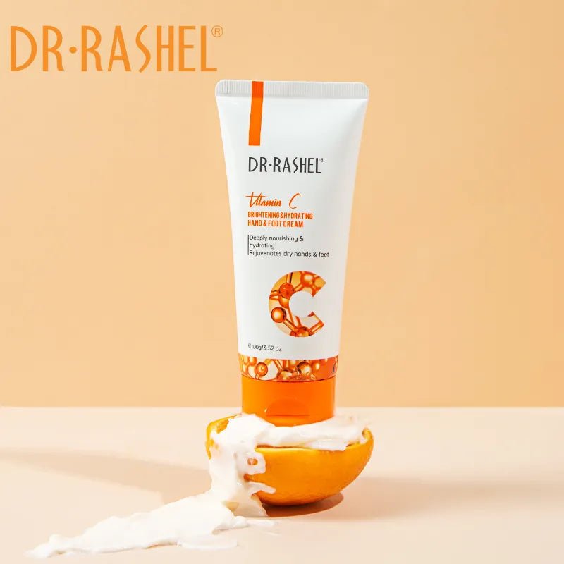 Dr. Rashel Vitamin C hand and foot cream with an orange on a beige background
