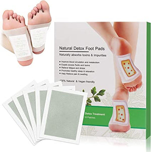 Detox foot pads with packaging and a person wearing them on feet.