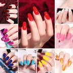 Collage of various nail polish colors on nails and a nail polish bottle.