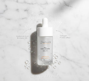 Skincare serum bottle labeled 'Derma' on a marble background with text highlighting effects.