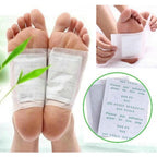 Foot patches on feet with a close-up of the patch and text details.