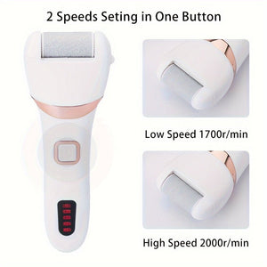 White and rose gold foot care device with speed settings on a white background