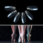 Ballet shoes with clear nail covers and a close-up of the nail covers on a black background.