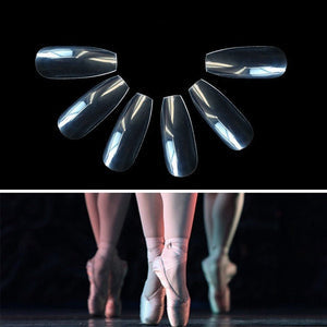 Ballet shoes with clear nail covers and a close-up of the nail covers on a black background.