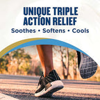 Person running on a road with text about unique triple action relief