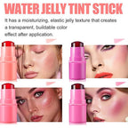 Water jelly tint stick with application on lips and text describing its texture and effect.