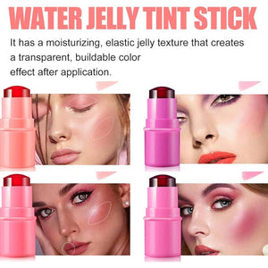 Water jelly tint stick with application on lips and text describing its texture and effect.