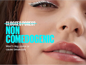 Close-up of a person's face with text about non-comedogenic skincare.
