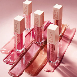 Set of pink lip glosses with 'Lifter Gloss' text on a pink background