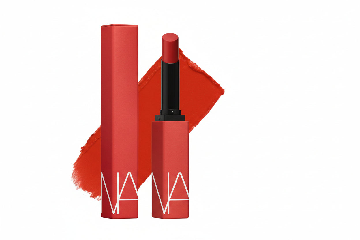 Red lipstick with NARS logo on a white background