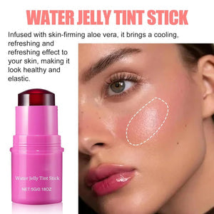 Pink water jelly tint stick with a woman's face showing application on cheek