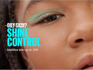 Close-up of a person's eye with green eyeshadow, text overlay about oily skin control, and product name.