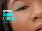 Close-up of a person's eye with green eyeshadow, text overlay about oily skin control, and product name.