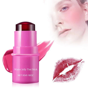 Pink water jelly tint stick with a close-up of lips and product application.