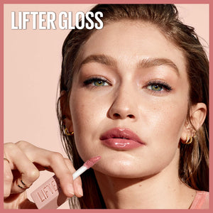 Woman applying lip gloss with a pink background and 'Lifter Gloss' text.