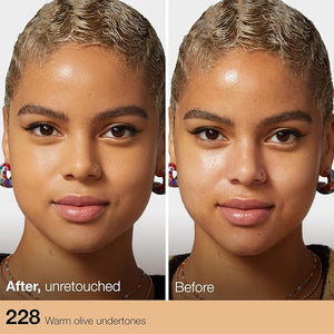 Before and after comparison of a woman's face with warm olive undertones.