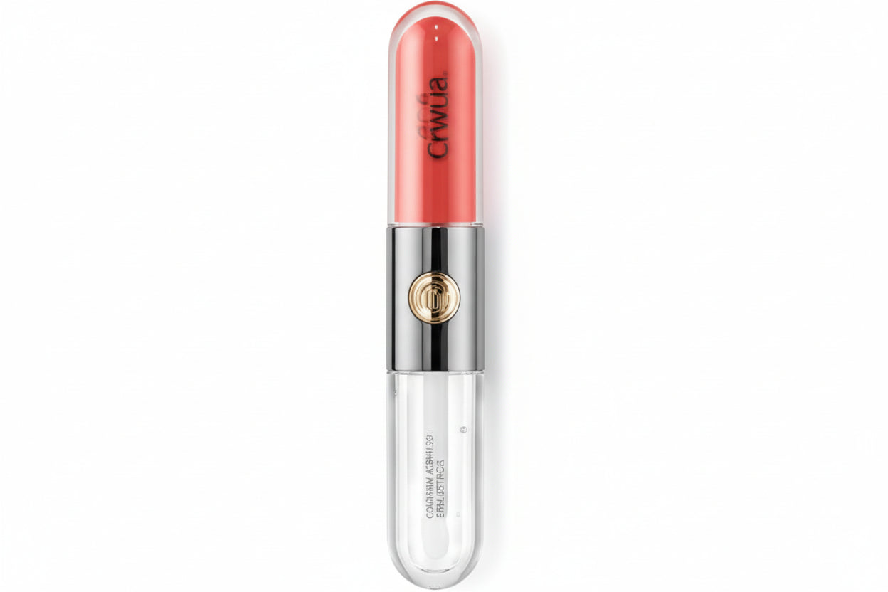 Lipstick with a clear casing and red lipstick on a white background