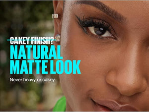 Close-up of a woman's face with text about a natural matte look makeup.
