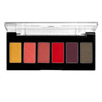 Makeup palette with six colorful swatches on a white background