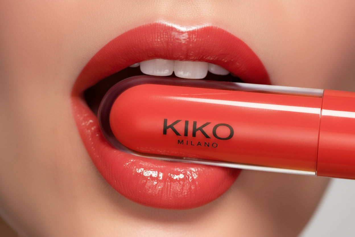 Red lipstick being applied to lips with KIKO Milano applicator