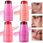 Pink water jelly tint stick with close-up shots of a woman's face applying it.