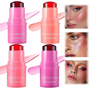Pink water jelly tint stick with close-up shots of a woman's face applying it.