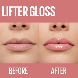 Before and after comparison of lips with lifter gloss on a pink background
