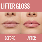 Before and after comparison of lips with lifter gloss on a pink background