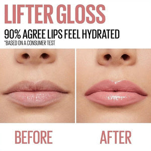 Before and after comparison of lips with lifter gloss application