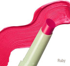 Lipstick with pink shade labeled 'Ruby' on a white background