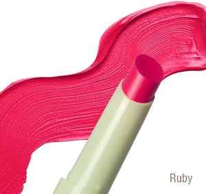 Lipstick with pink shade labeled 'Ruby' on a white background