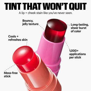 Two lip and cheek stains with text highlighting features on a white background