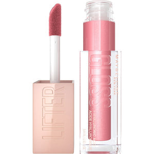 Lip gloss with applicator and packaging on a white background