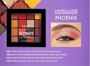 NYX Ultimate Shadow Palette with eye makeup application steps on a purple background