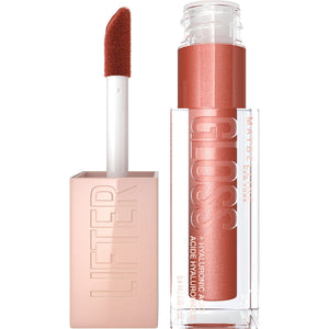 Lip gloss with applicator and packaging on a white background