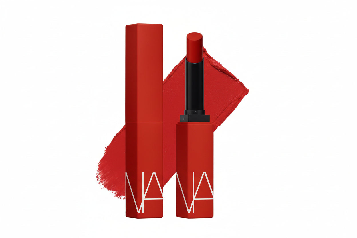 Red lipstick with NARS logo on a white background